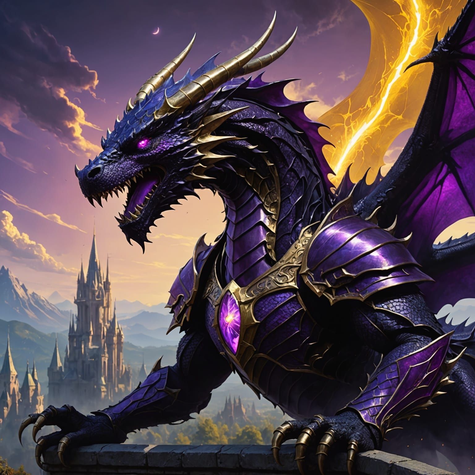 Purple Armored Dragon Unleashing Energy Beam