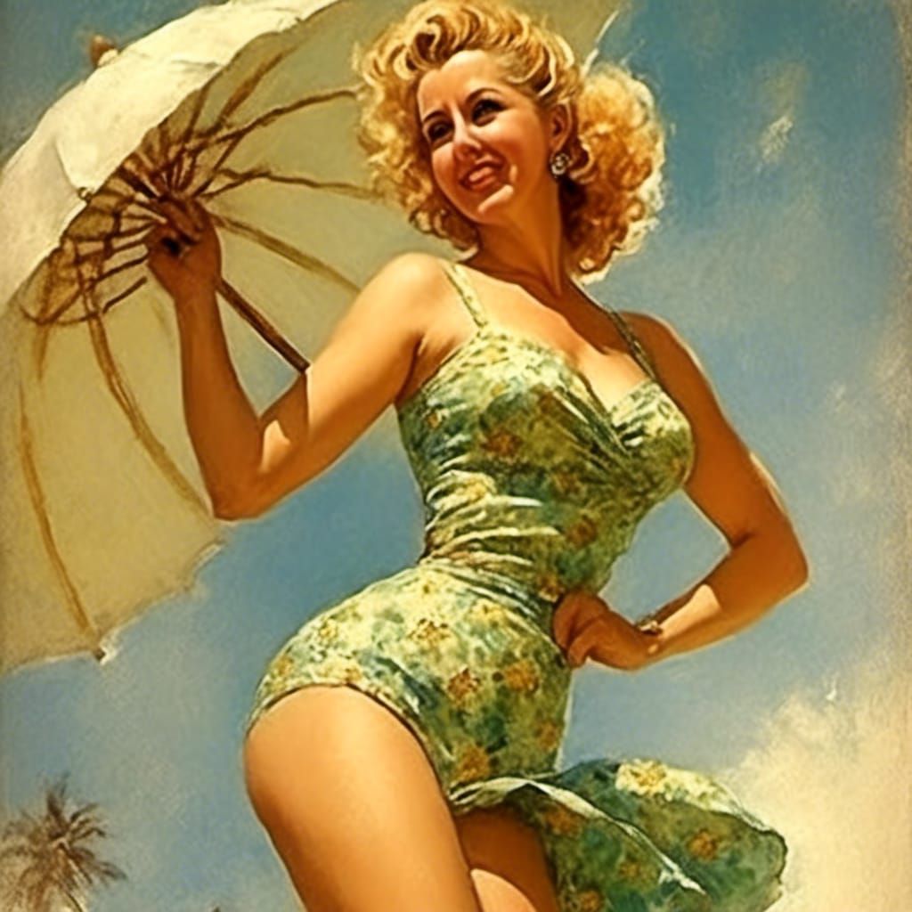 Bikini Pin-Up Painting in Classic Illustration Style