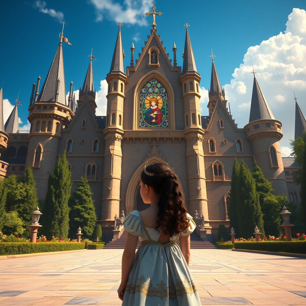 Princess in Majestic Castle Courtyard: High-Fantasy Matte Pa...