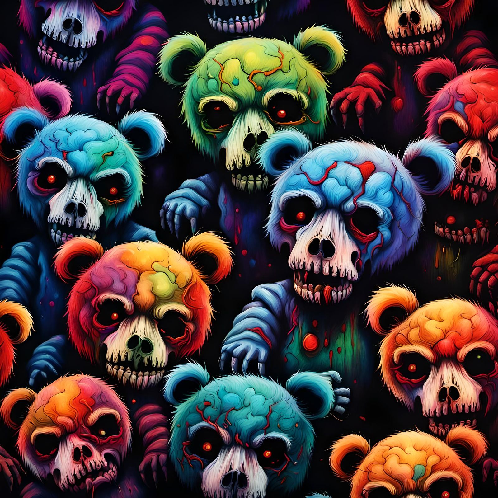 Neon colors creepy skulls scary teddy bears holding the heads of dead people with stitches across their neck and face,Hy...