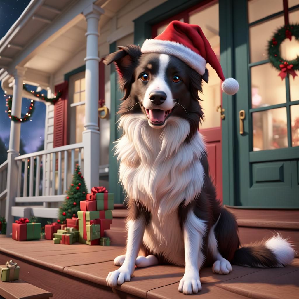 Red Border Collie in Christmas Hat, Pixar Style