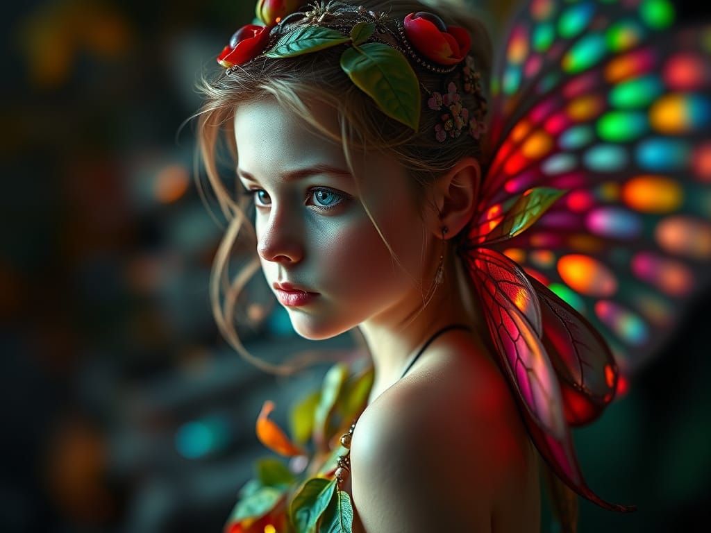 Wood Nymph with Filigree Wings in Hyperrealistic Splash Art