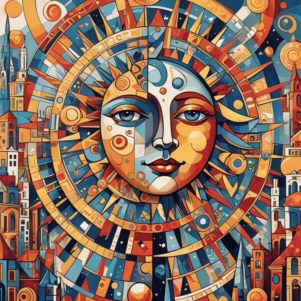 Cubist Tarot Card: Moon, Sun, and Laughter