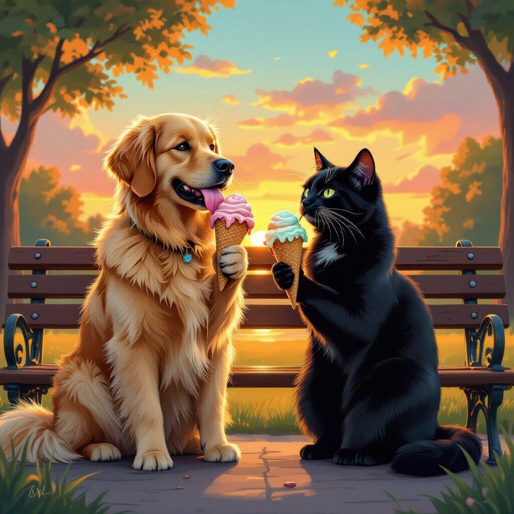 Golden Retriever and Cat Enjoy Sunset Ice Cream