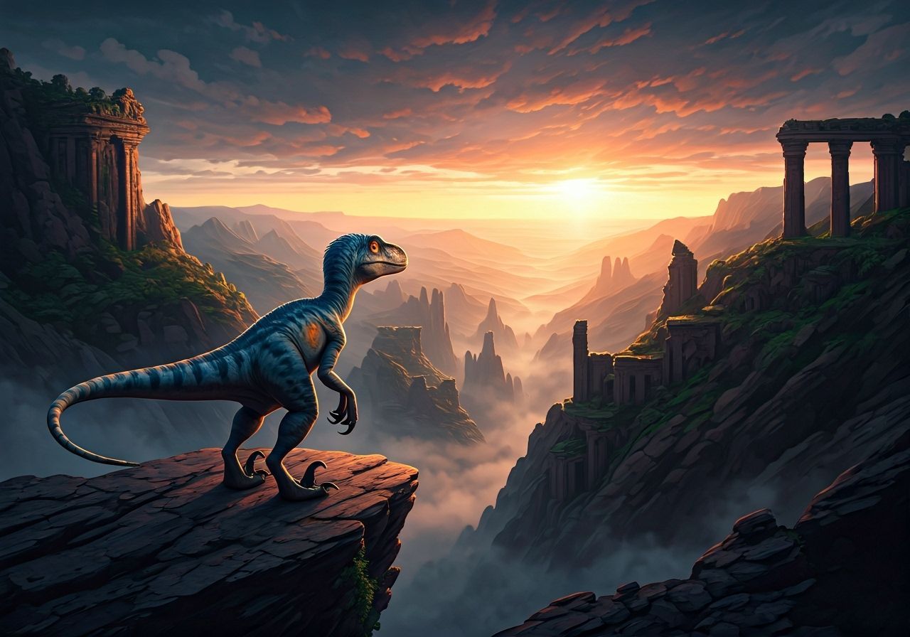 Majestic Utahraptor Overlooking Misty Canyon at Dawn