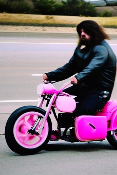 Outlaw Biker on a Tiny Pink Motorcycle