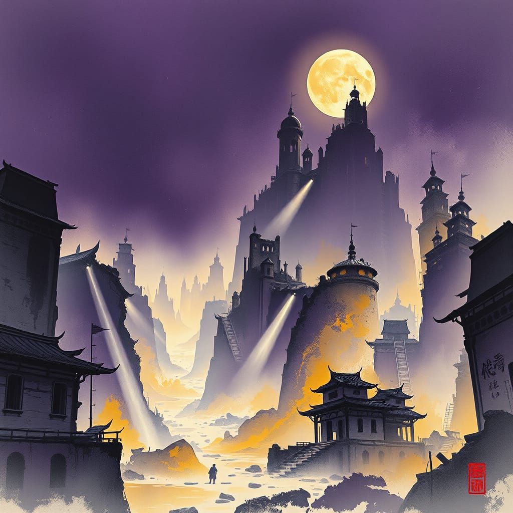 Dark Fantasy City Ruins in Chinese Ink Style