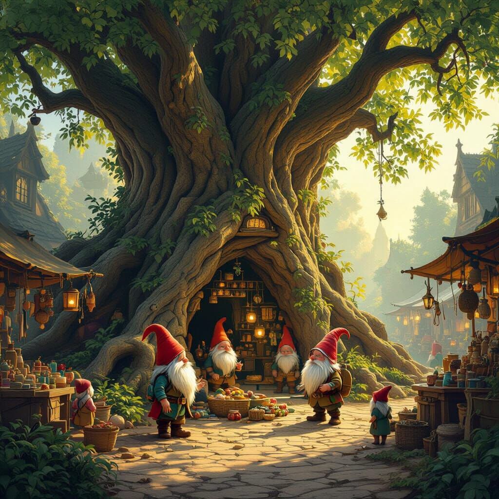 Vibrant Gnome Marketplace Inside Fallen Tree