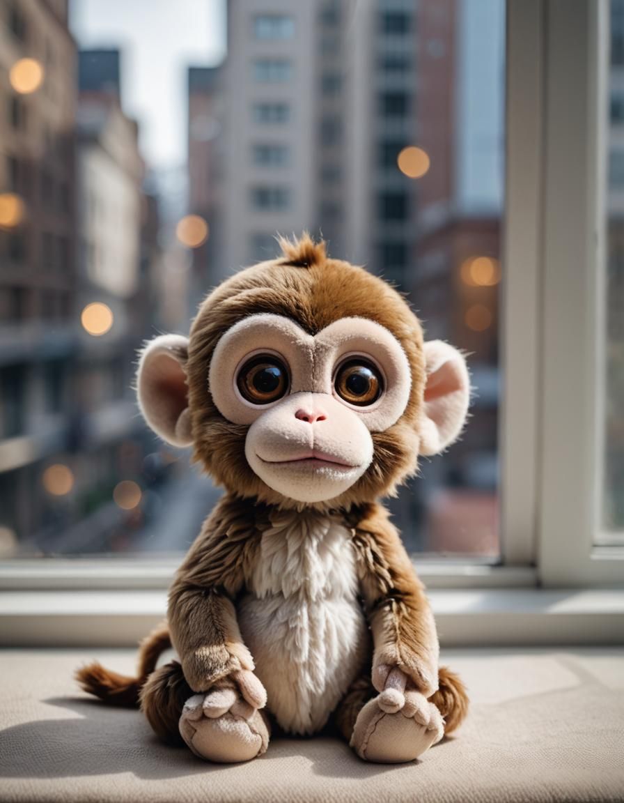 Adorable Macaque Plushie on Window Sill