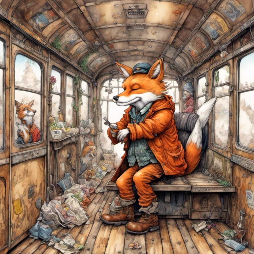 Fox Hobo Rides a Train: Anthropomorphic Cartoon