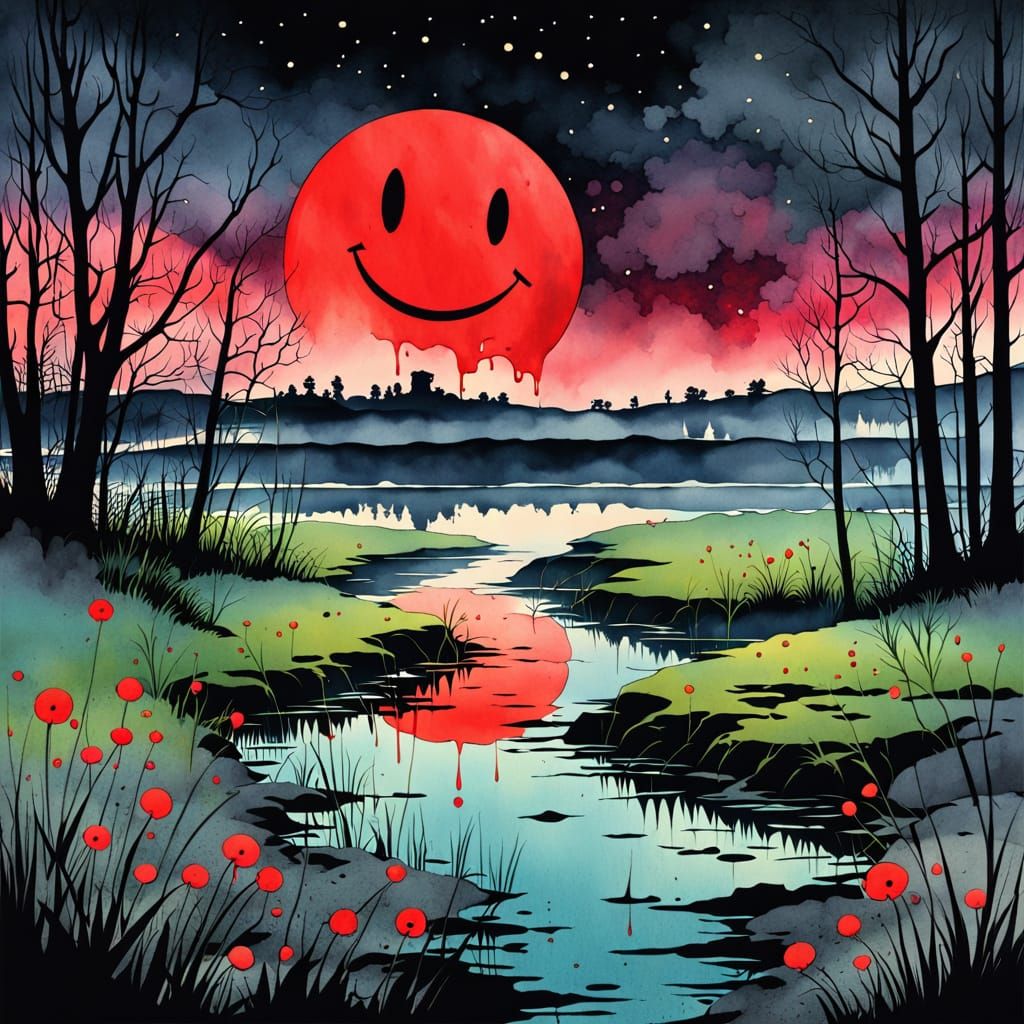 Eerie Watercolor Scene of a Desolate Riverbank