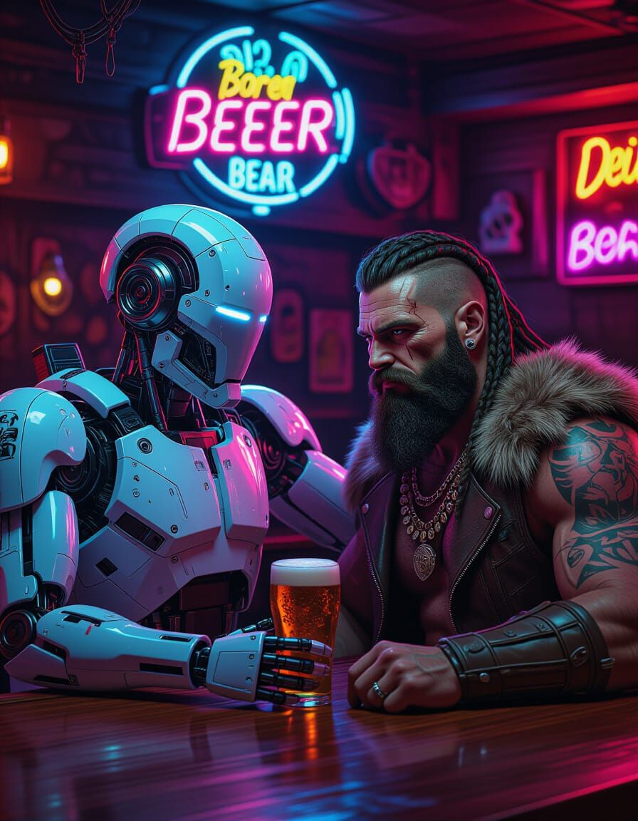 Robot and Barbarian in Neon Biker Bar, Beer Splash Art