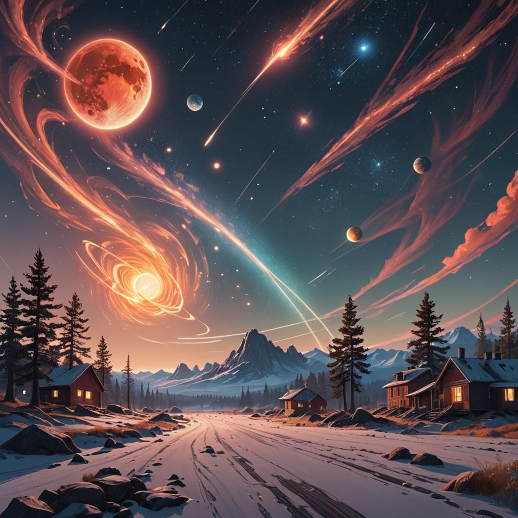 Celestial Ballet at World's Edge: Vivid Digital Art