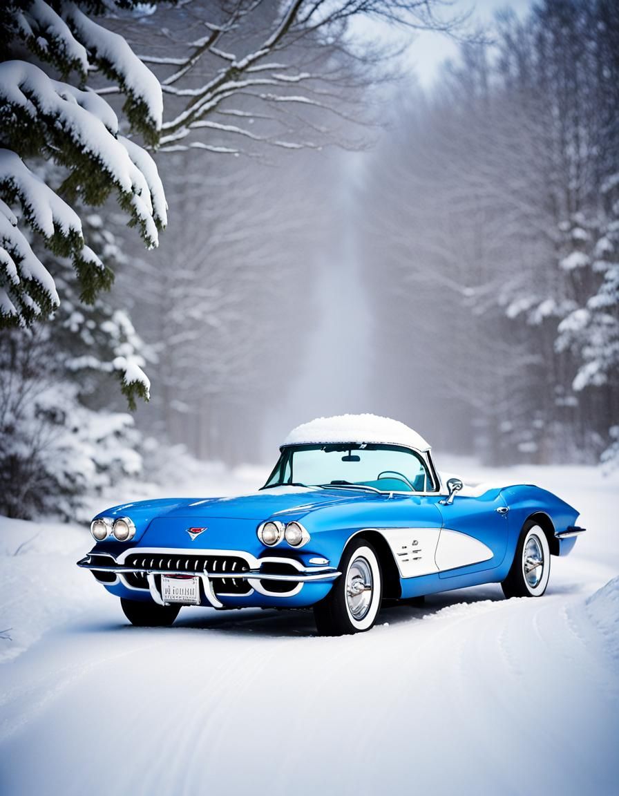 Grinch in Blue Corvette on Snowy Road