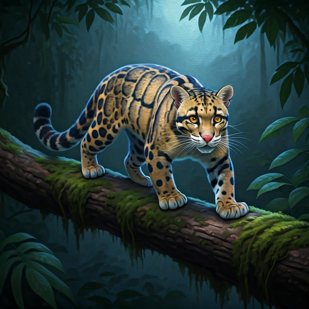 Clouded Leopard in Dense Forest: An Oil Painting