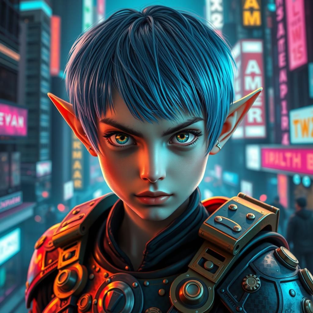 Steampunk Elf Girl with Detailed Eyes in Neon City