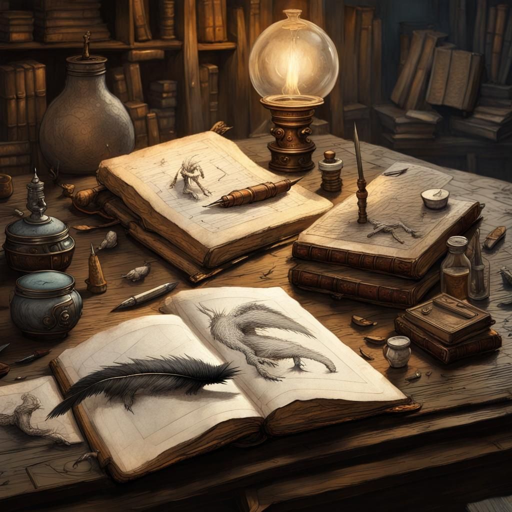 Old Book with Quill, Fantasy Art Style