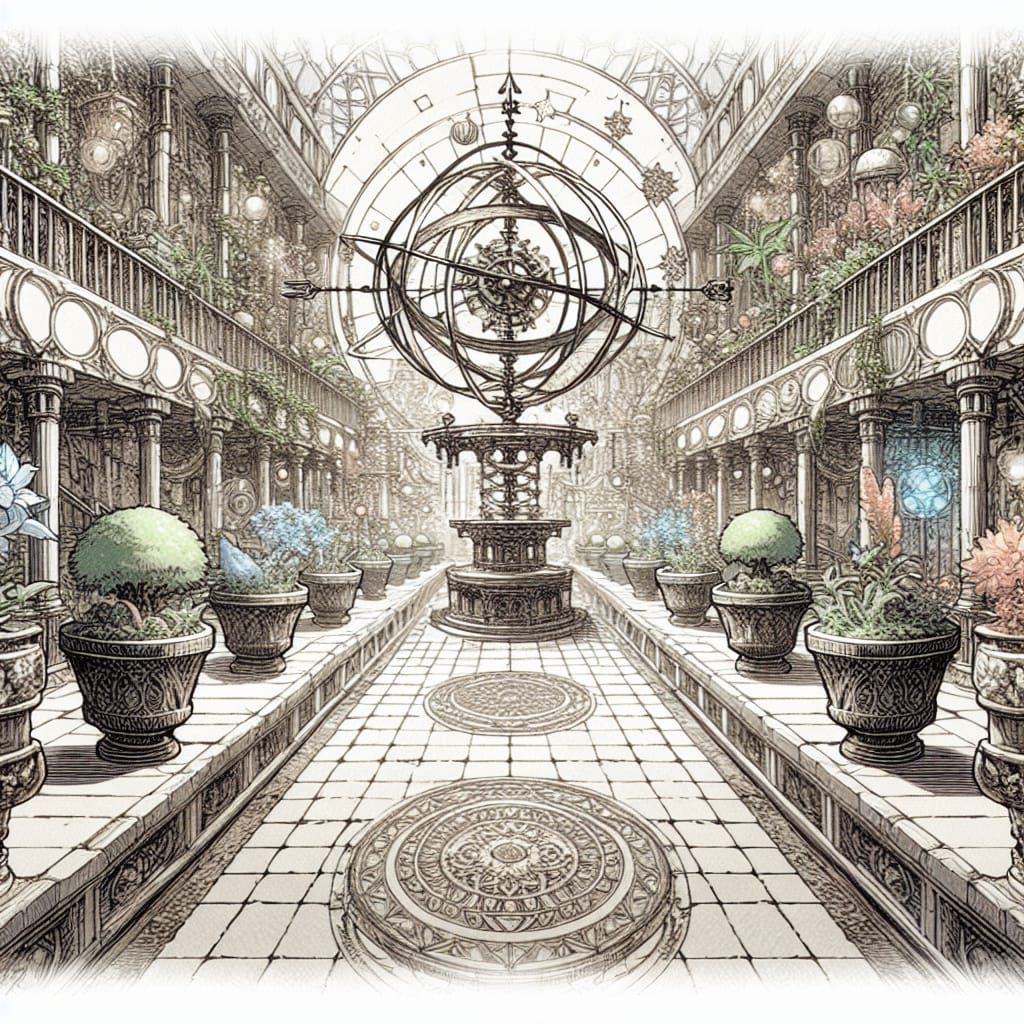 Whimsical Ink and Watercolor Courtyard with Grand Orrery