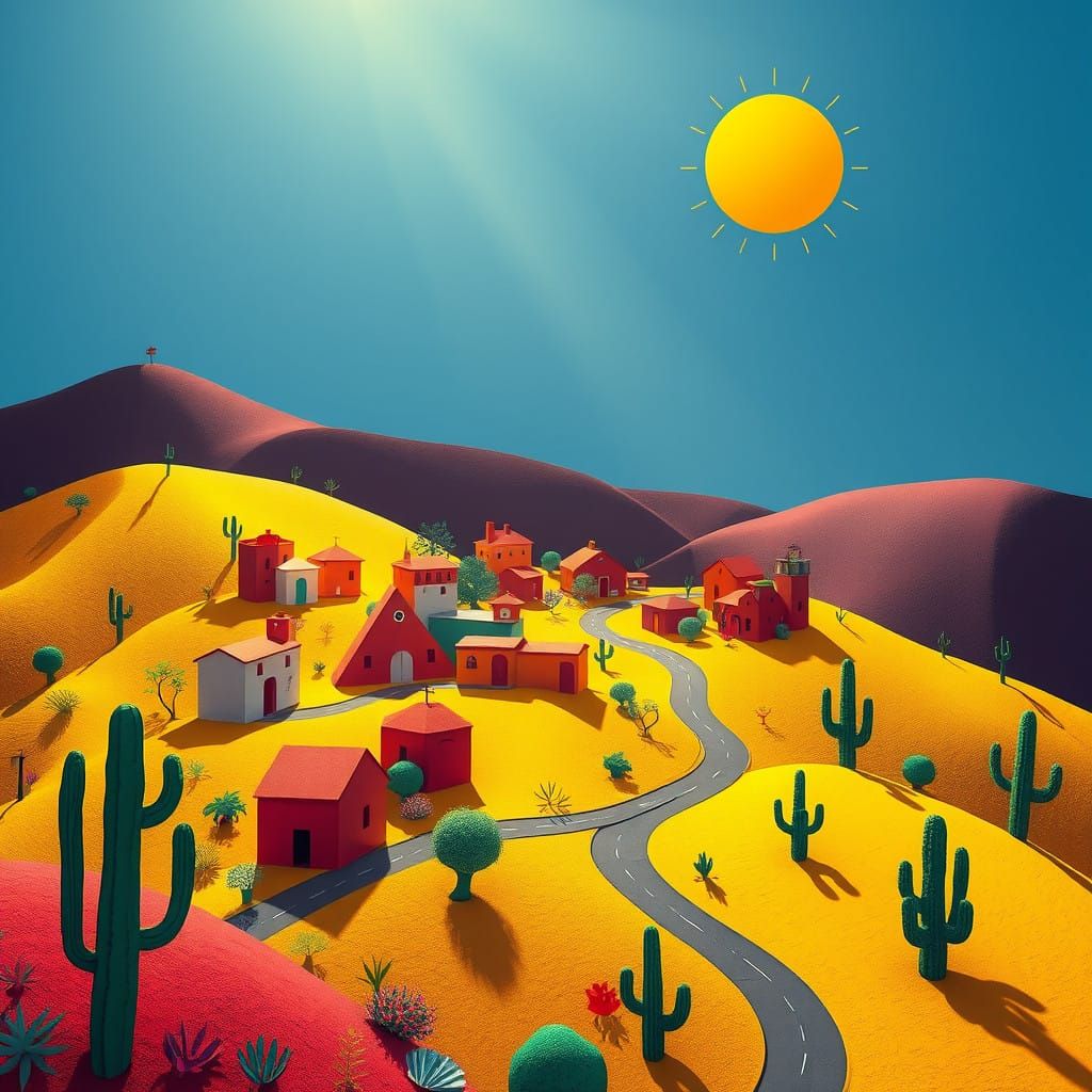 Vibrant Whimsical Village Scene in Geometric Cubist Style