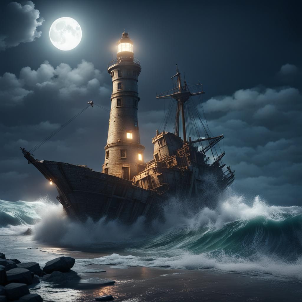 Stormy Night Lighthouse Scene in 3D