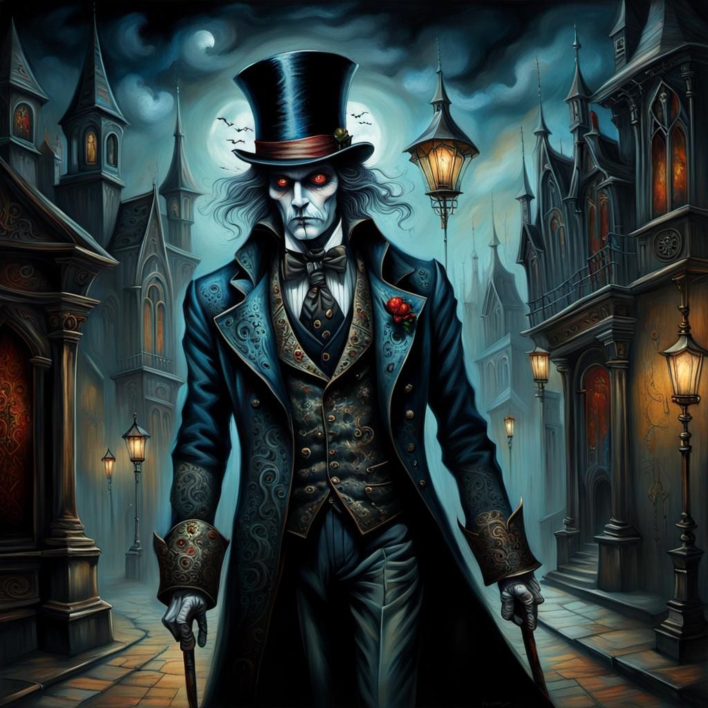 (Esao Andrews style), a sinister man in a top hat and elaborate coat