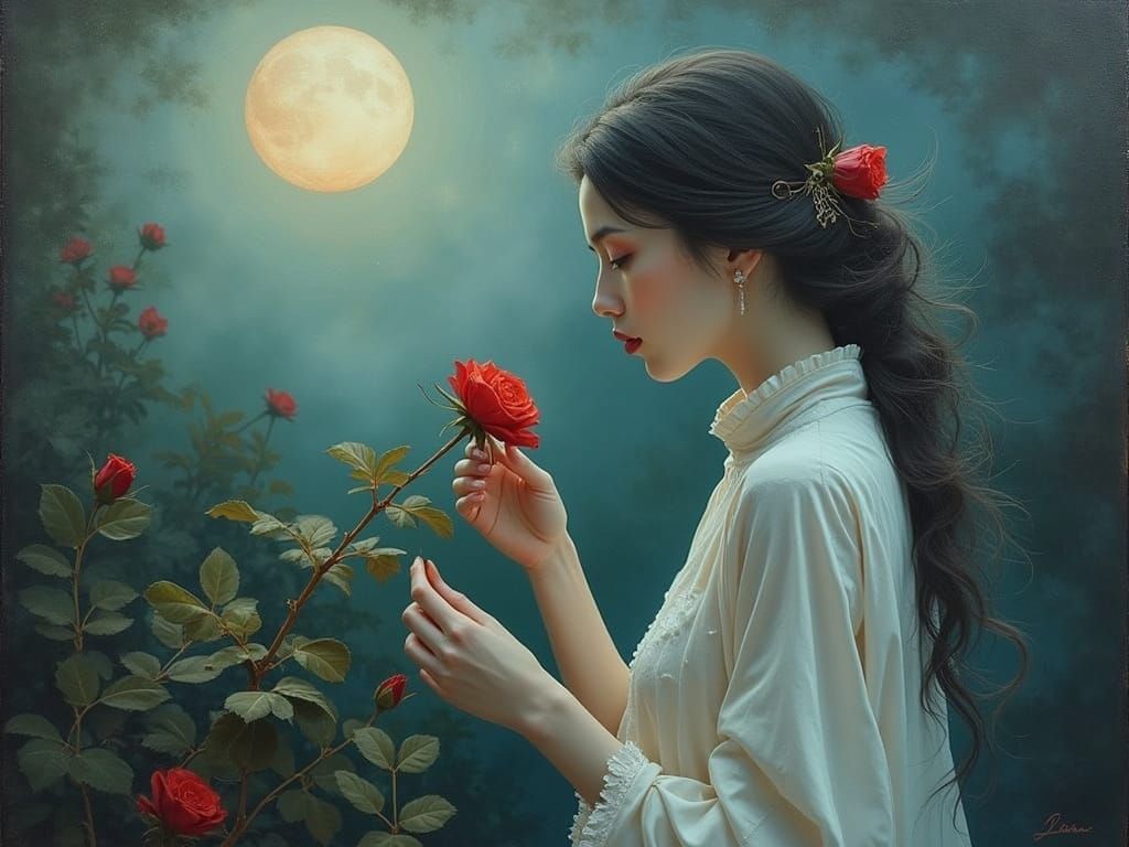 Ethereal Woman in Moonlit Garden Oil Painting