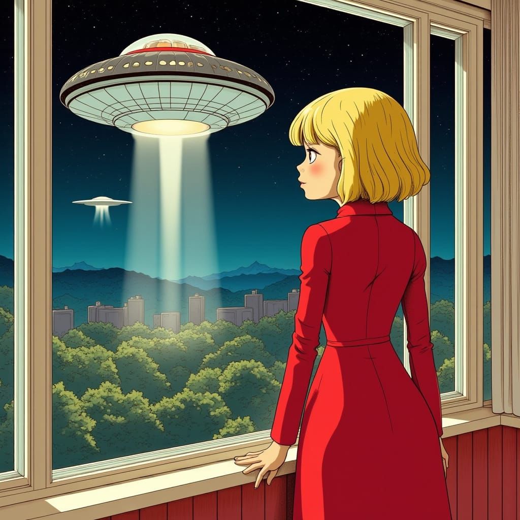 Woman in Red Gaze at Retro-Futuristic UFO