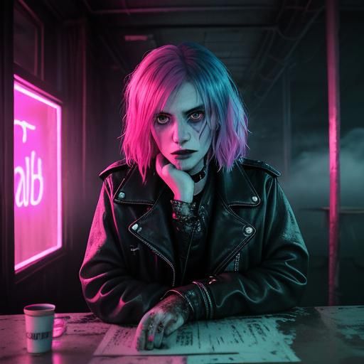 Goth Model in Rainy Cyberpunk Coffee Shop