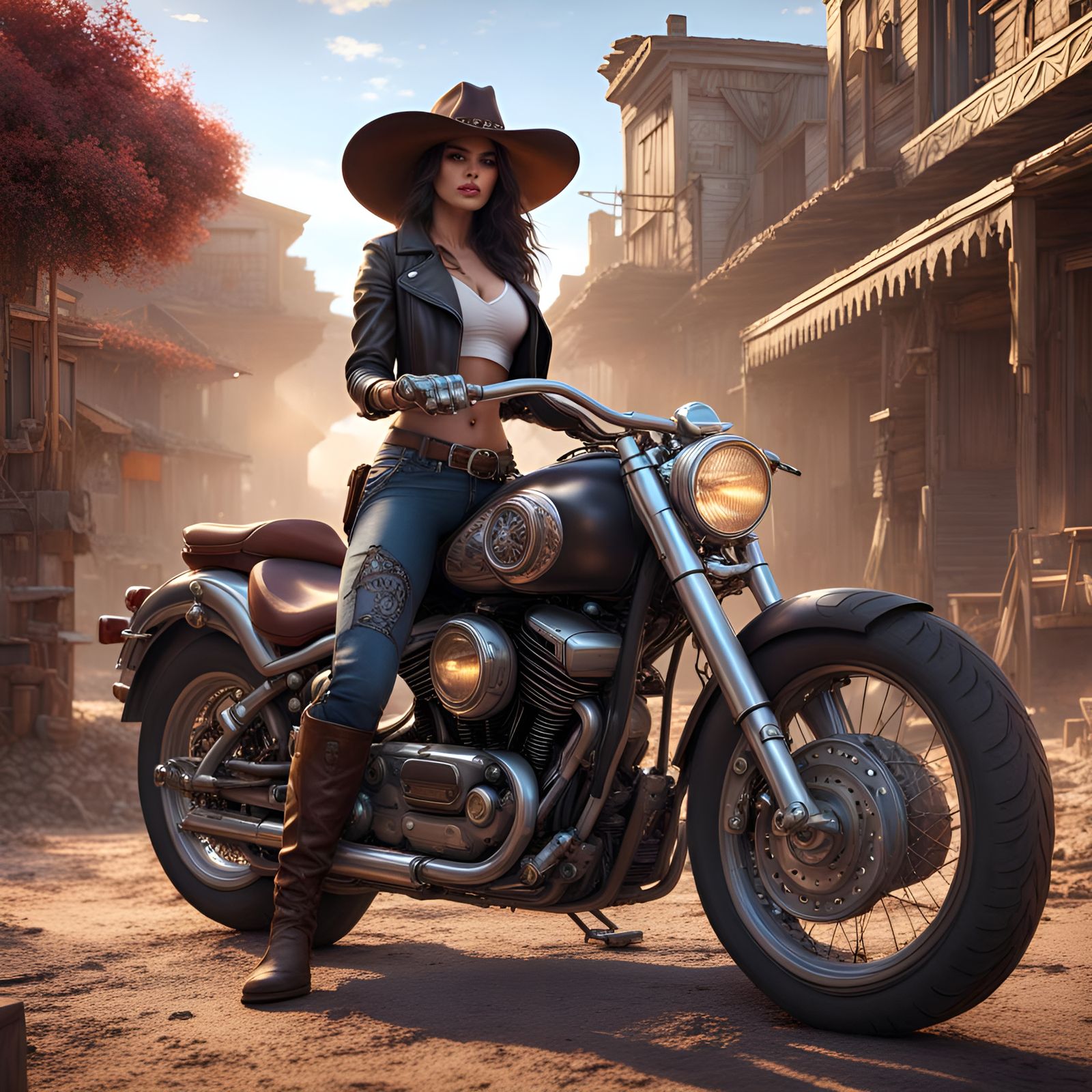 Biker Girl in Cowboy Style: Digital Art