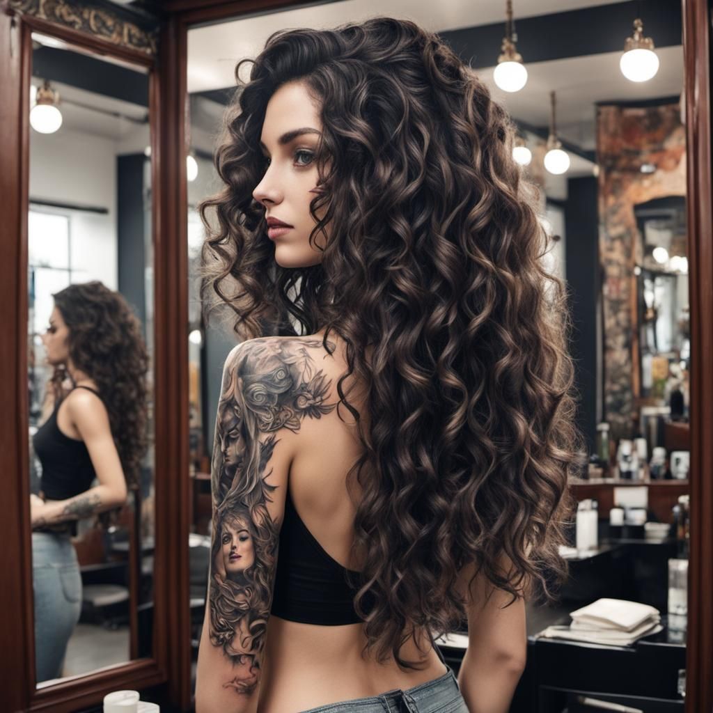 Girl with Cat Tattoo Reflected in Mirror