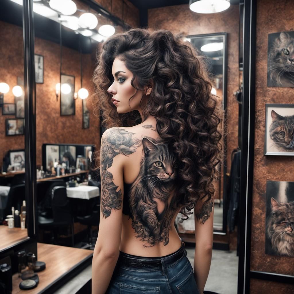Girl with Cat Tattoo Reflected in Mirror