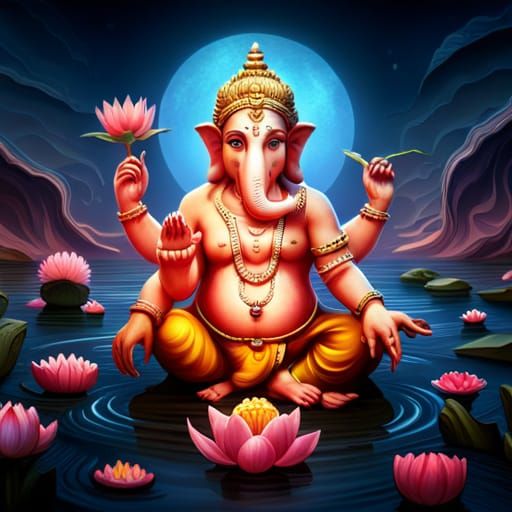 Ganapati on Lotus Flower: Detailed Fantasy Art