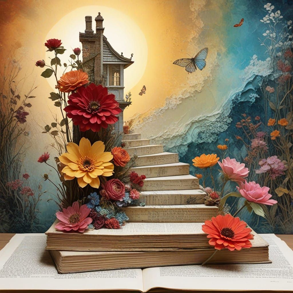 Surreal Stairway Collage in Mixed Media Style