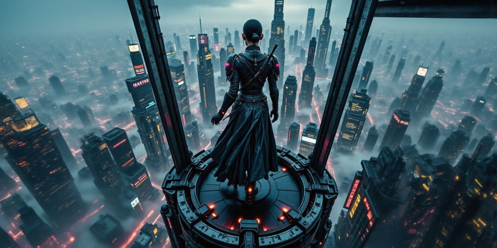 Cyberpunk Samurai and Ninja Above Metropolis
