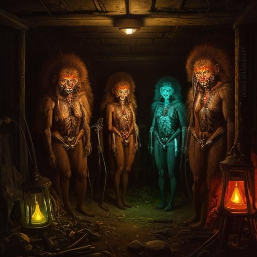 Glowing Hominids in Basement: Sinister Oil Painting