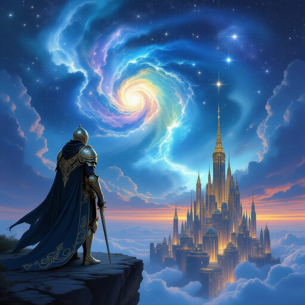 Knight Overlooking Nebula City in Art Nouveau Style