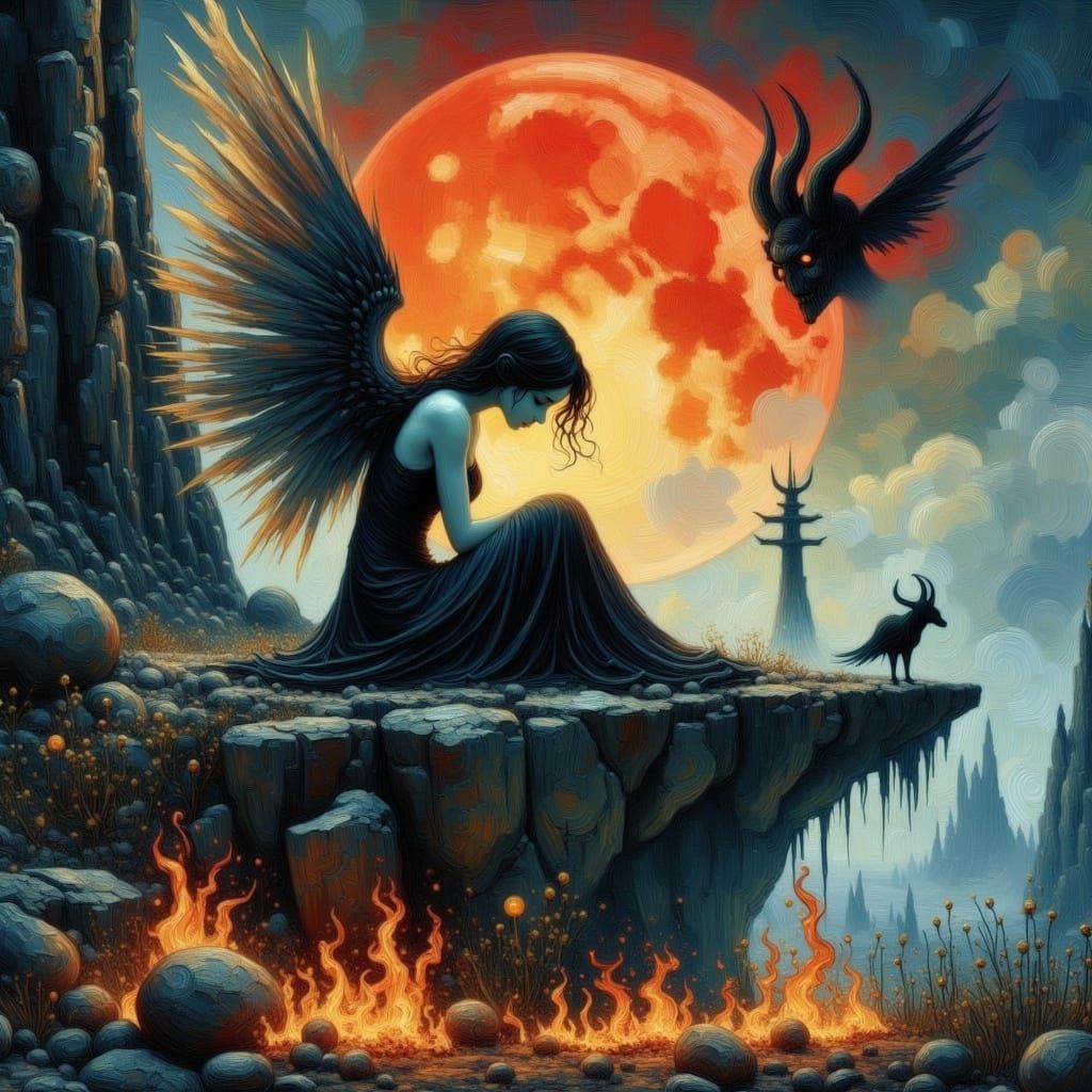 Dark Angel Contemplation in Antique Watercolor Style