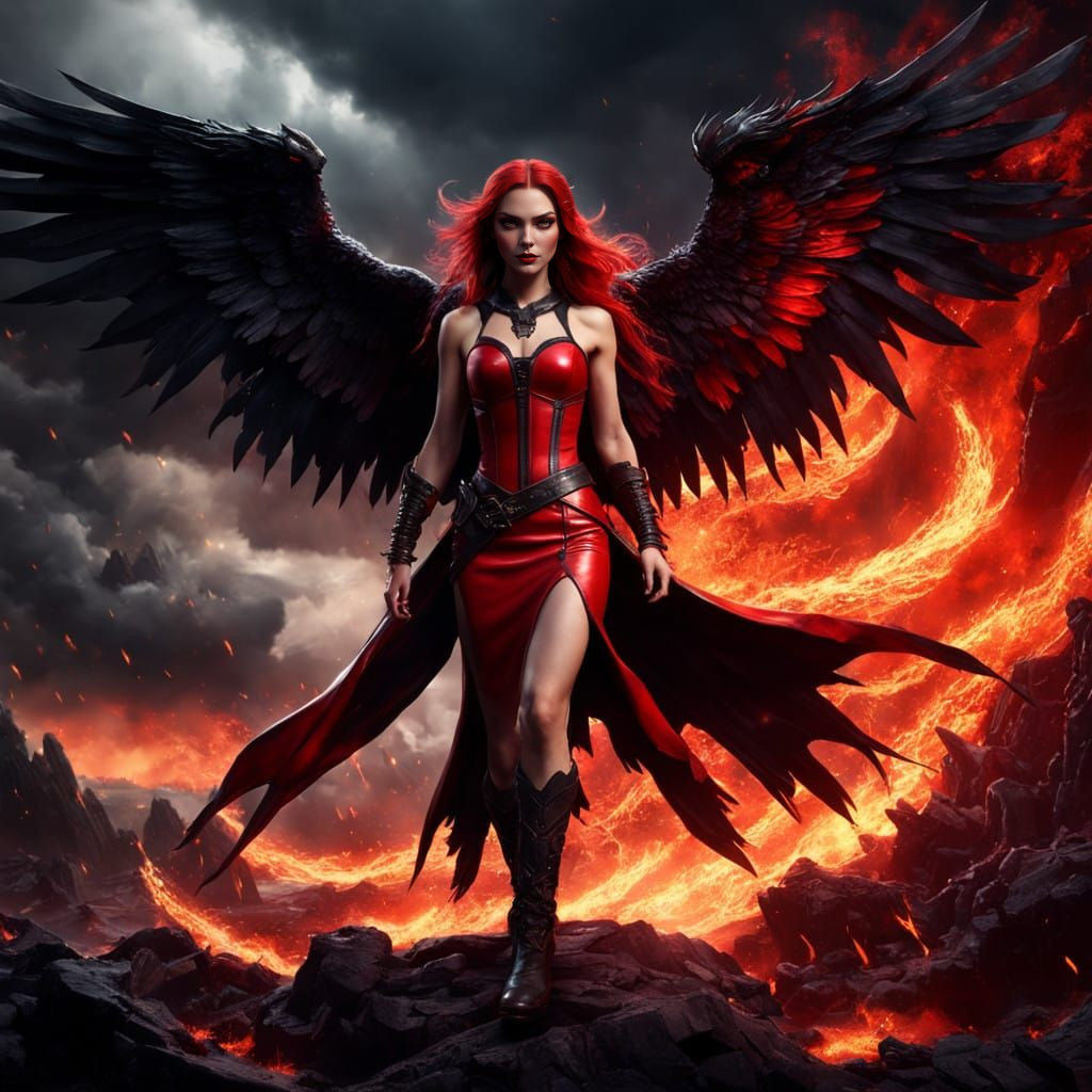 Surreal Goddess Emerges from Fiery Storm in Cyberpunk Style