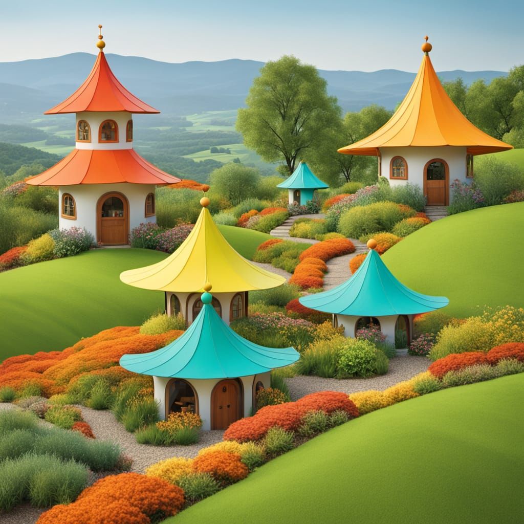 Whimsical Folk Art Landscape with Colorful Houses and Bloomi...