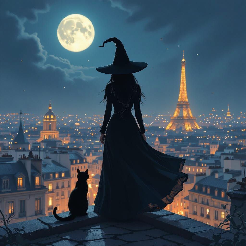 Witch and Black Cat Overlook Paris Rooftop at Night