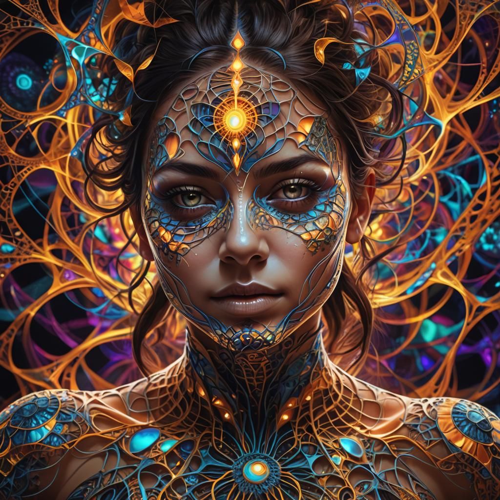 Abstract Fractal Portrait: Woman in Psychedelic Web