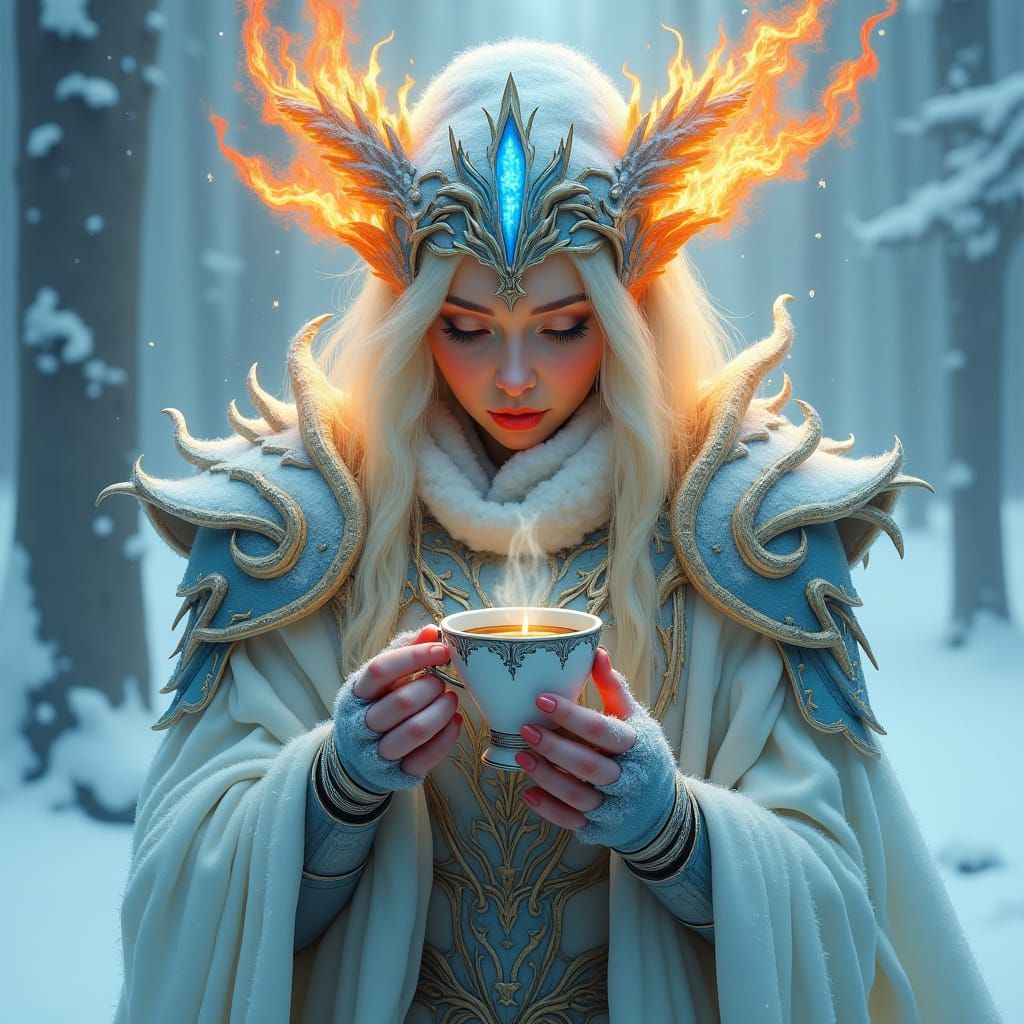 Ice and Fire Goddess Savoring Coffee in Cyberpunk Style