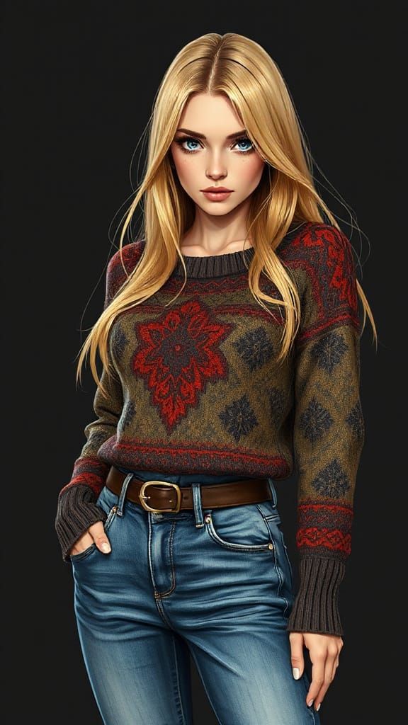 Black Coffee - 

Nordic woman with stormy blue eyes and long blonde straight hair, high-waisted jeans and a knit jumper