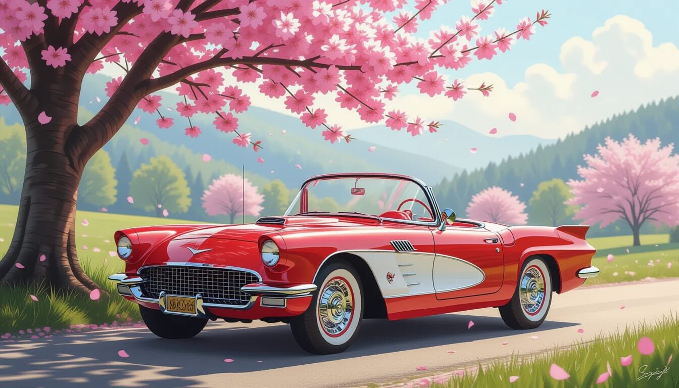Vintage Corvette Stingray Under Cherry Blossoms in Nostalgic...