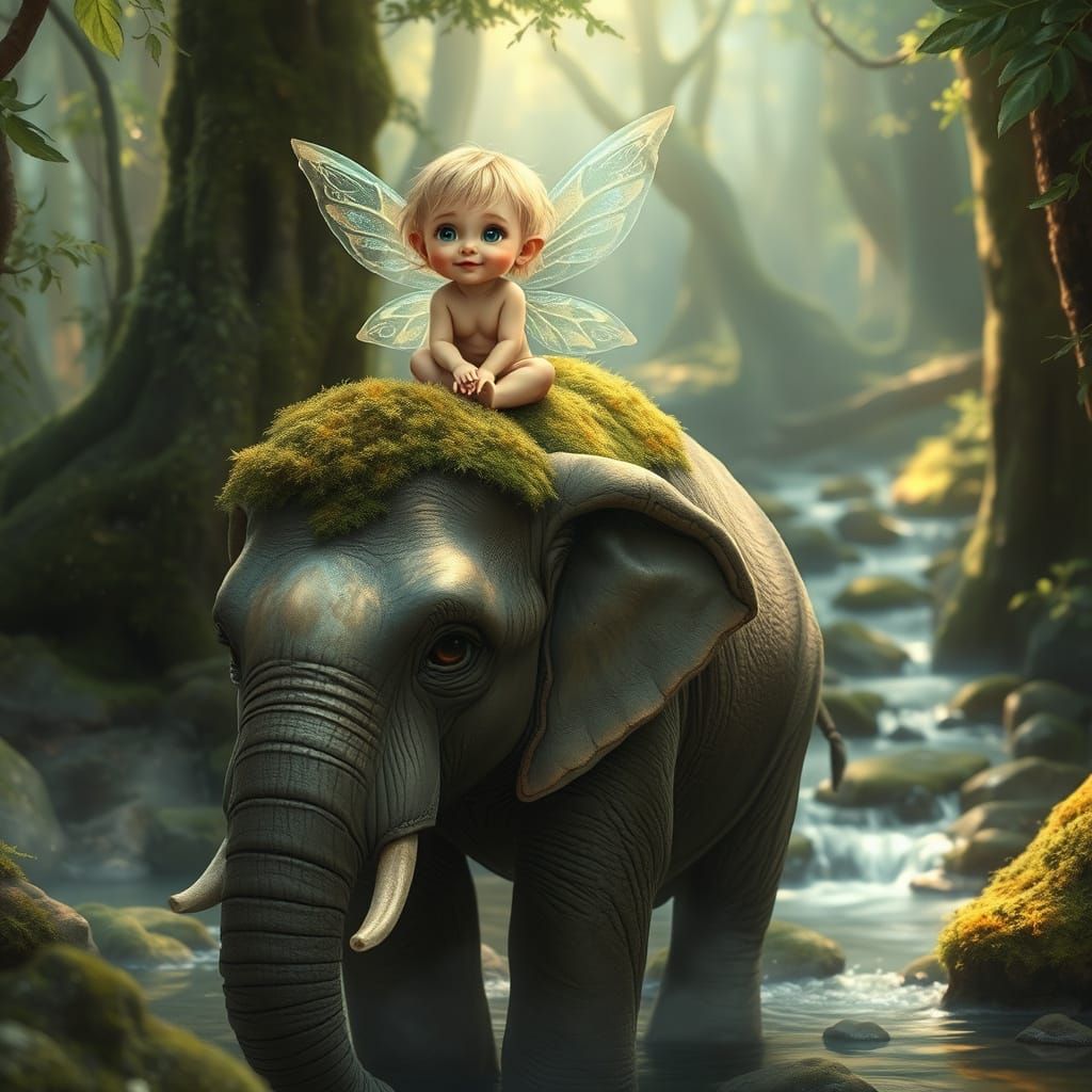 Whimsical Fairy Sits on a Mossy Elephant in an Enchanted For...