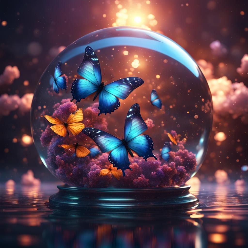 Galaxy Butterflies in Glass Globe Reflection