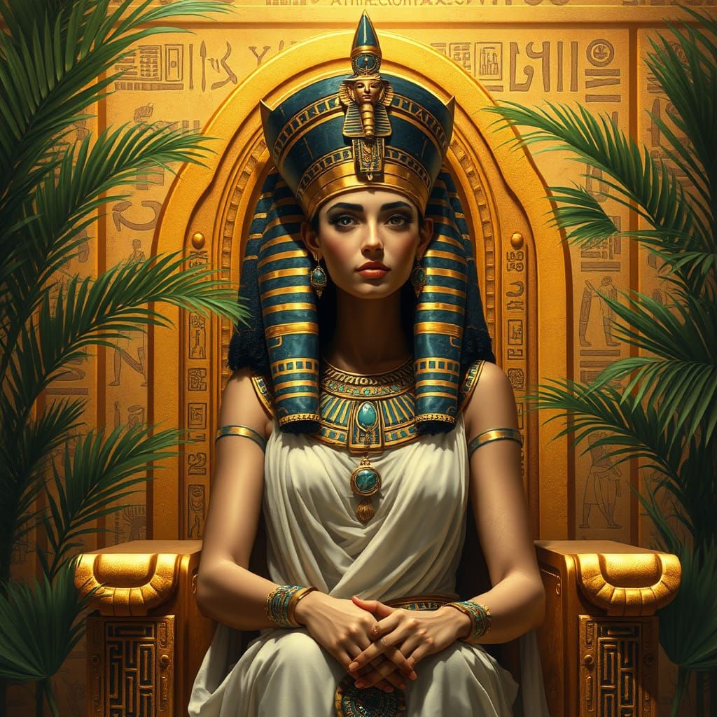 Queen Ankesenamon on Golden Throne in Egyptian Art Style