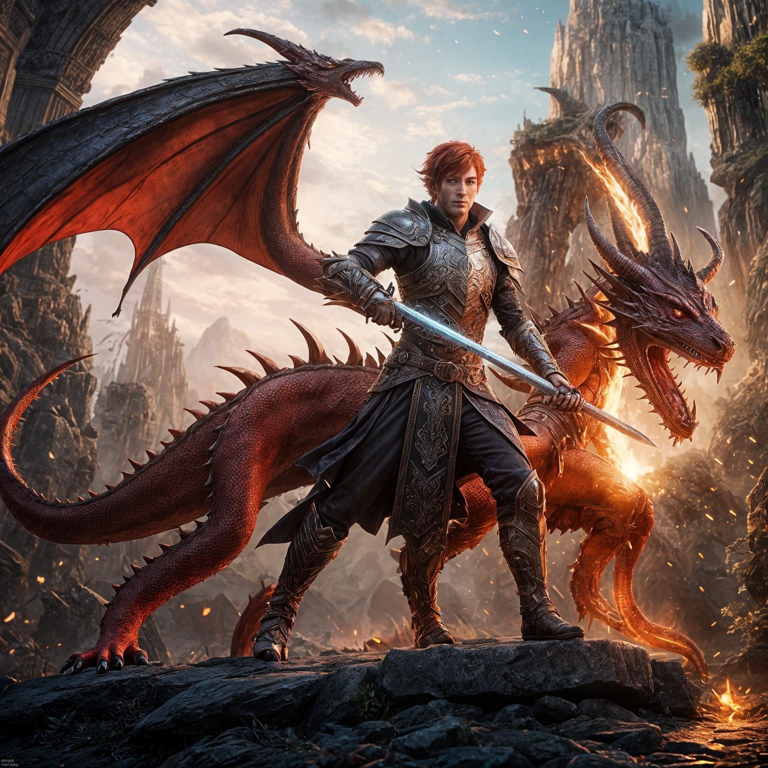 Elf Battles Dragon in Detailed Fantasy Art