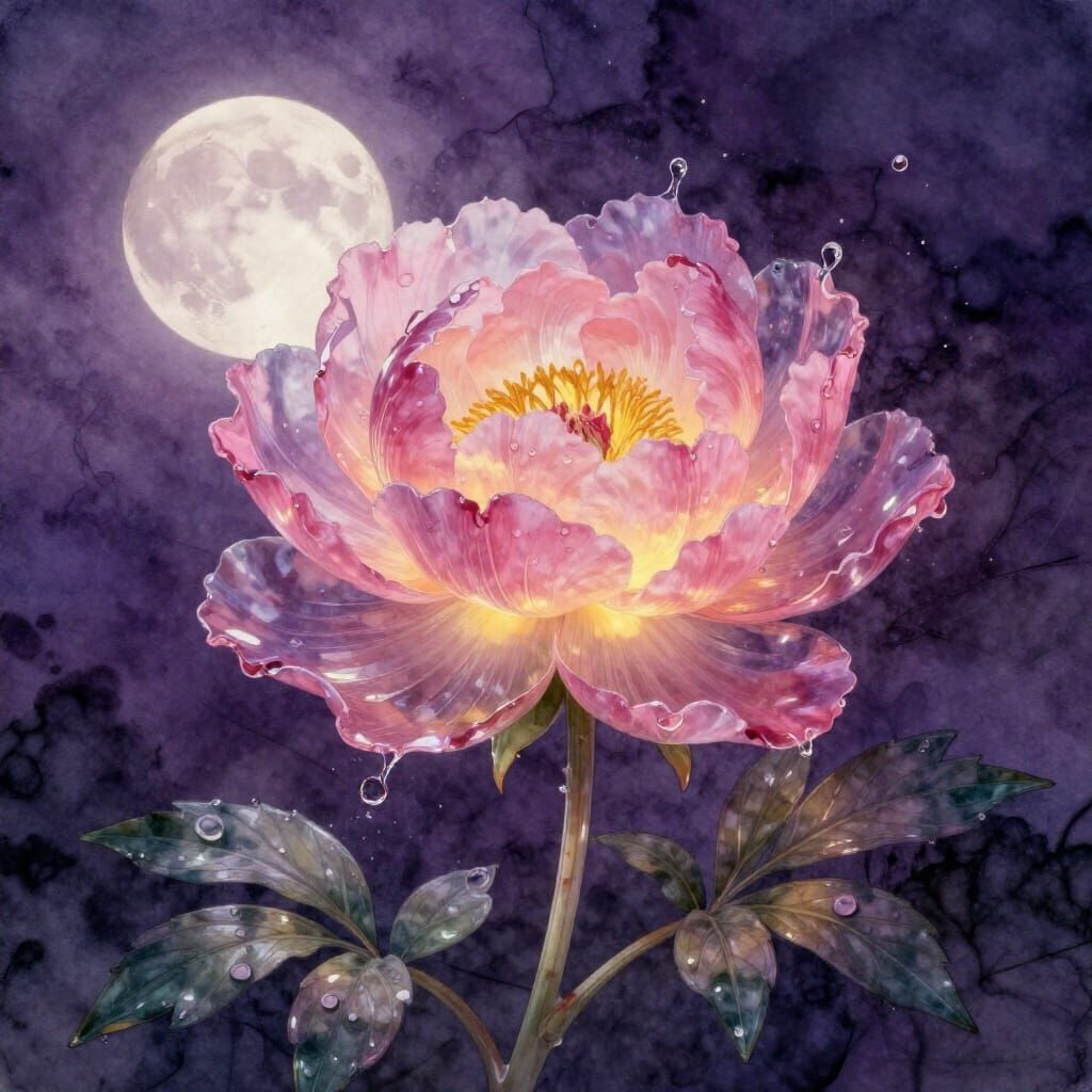 Glowing Glass Peony in Violet Moonlight, Watercolor Style