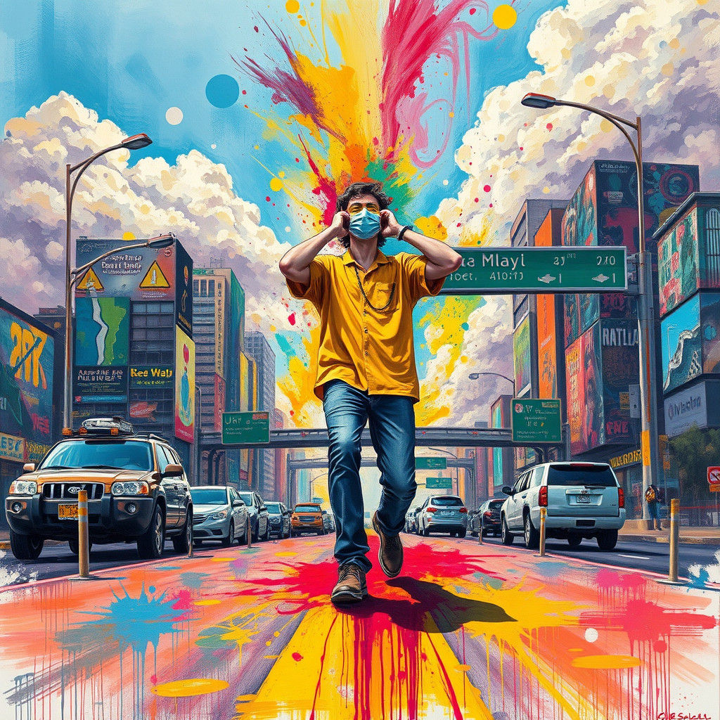 Whimsical Surreal Art: Blindfolded on Freeway